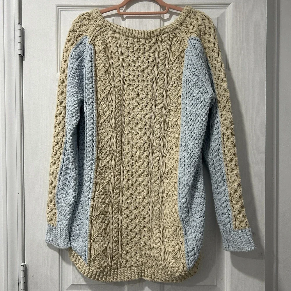 LL Bean Signature Womens Size L Beige Fisherman Cable Knit Sweater 100% Cotton - Picture 6 of 10